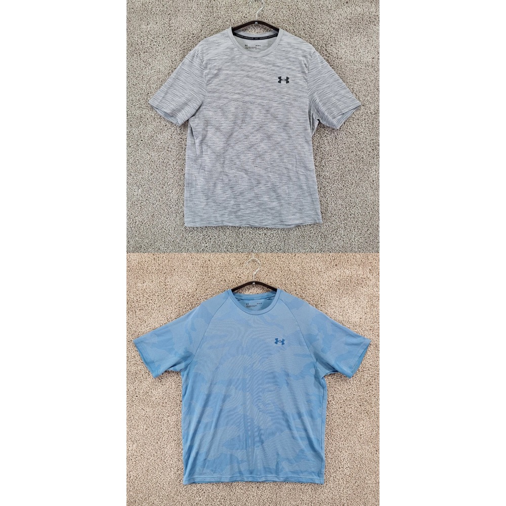 Under Armour T-Shirt Mens Large Lot of 2 Blue Grey Camo Fitted Loose Fit Gym